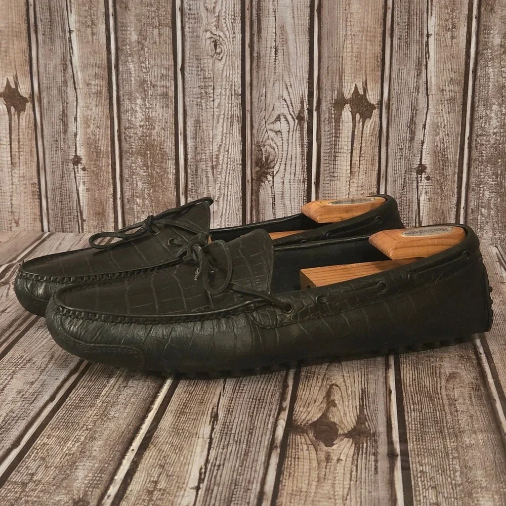 Sz 13 D Mens Cole Haan Gunnison Driver Black Croc Embossed Leather Loafers VGUC